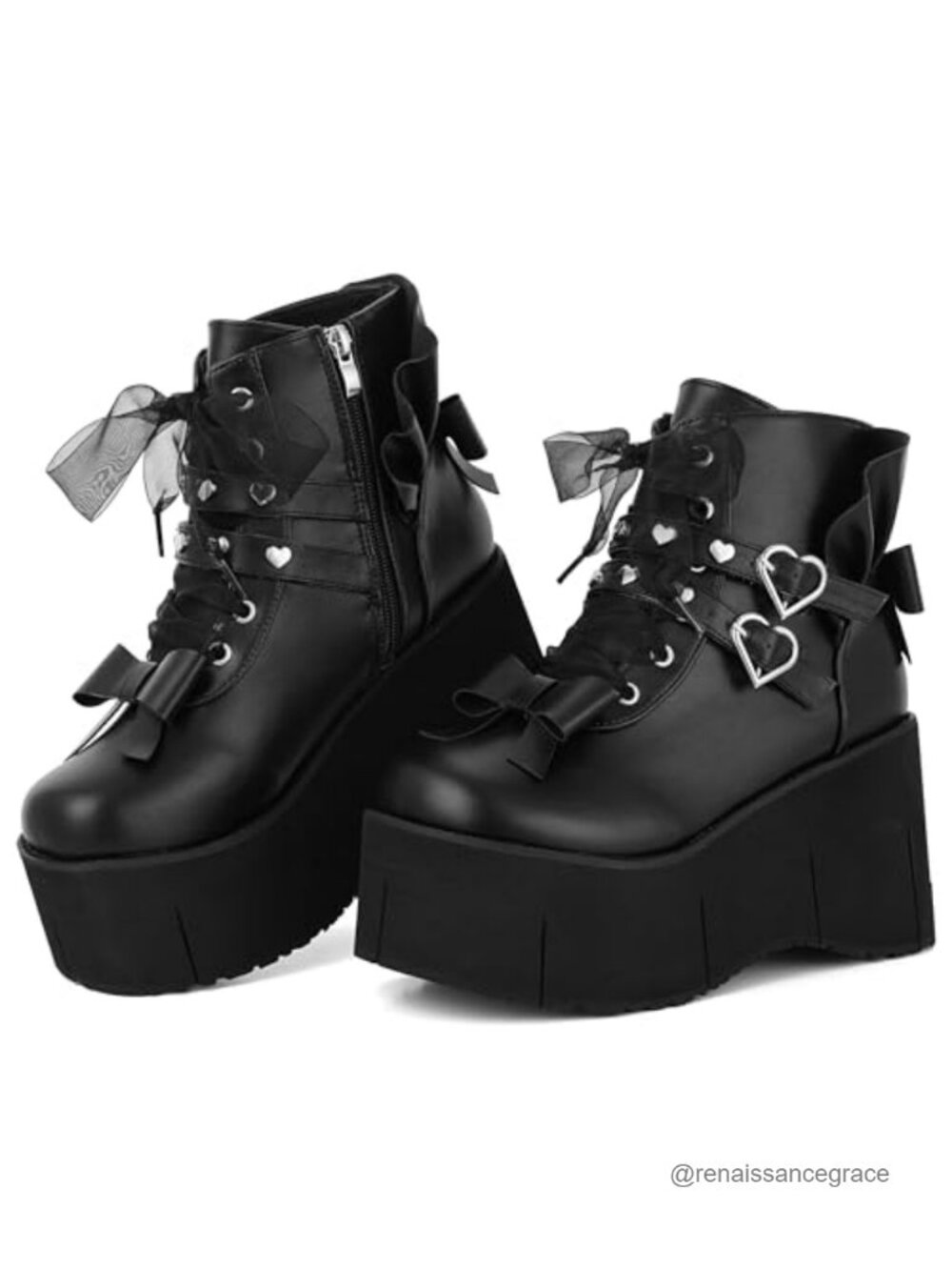 Women's Goth Ankle Boots with Chunky Heel, Faux Leather, Lace Up & Heart Buckles